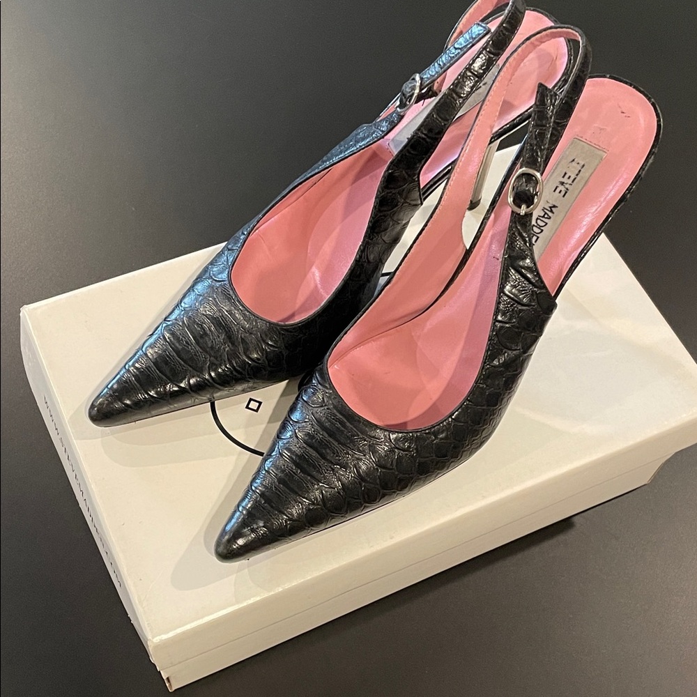 Steve Madden Black Croc-Embossed Slingback Heels